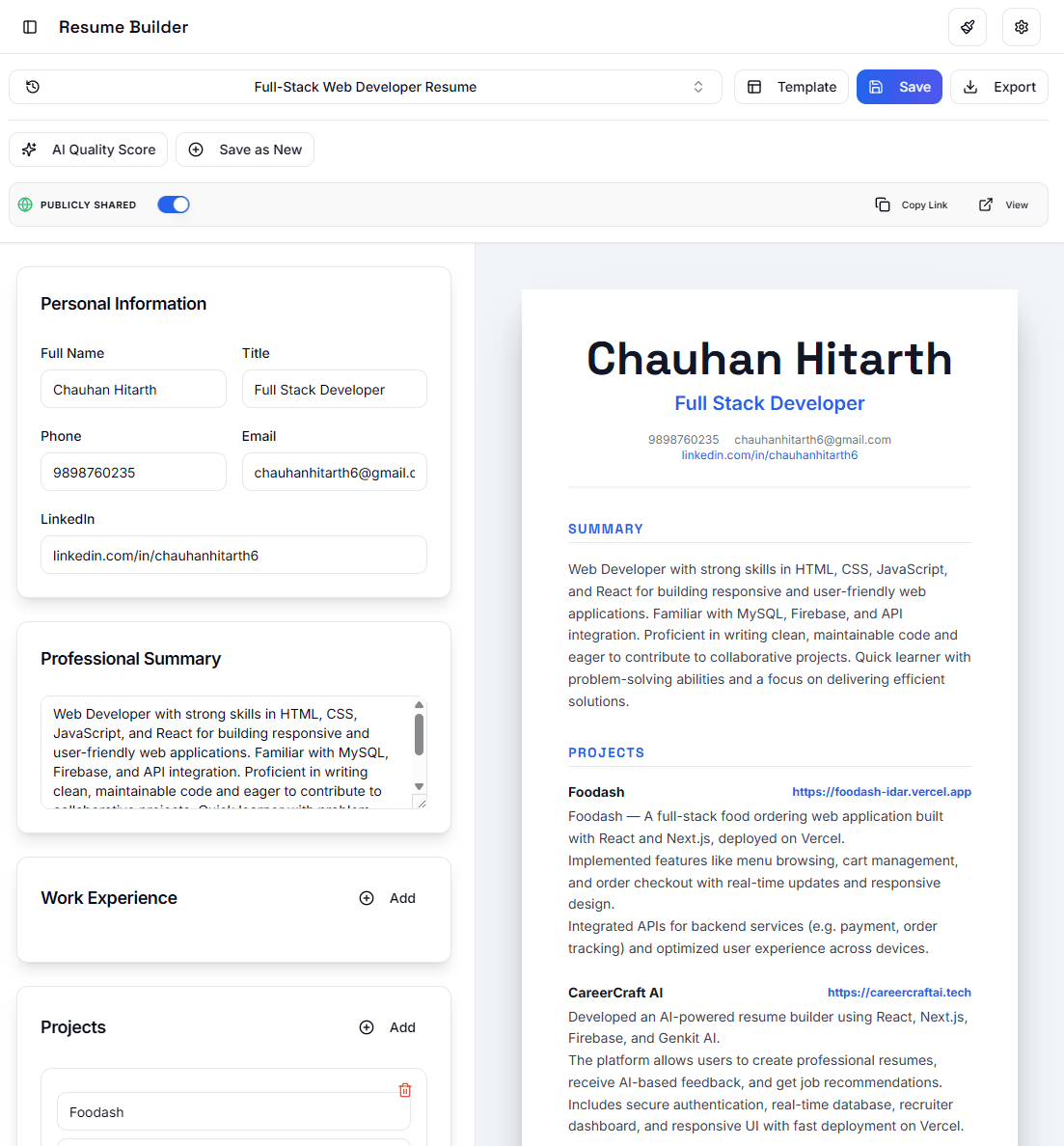 CareerCraft AI resume editor preview